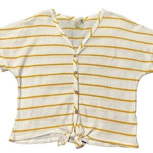 Paper Crane Short Sleeve Tie Front Stripe Waffle Knit Top